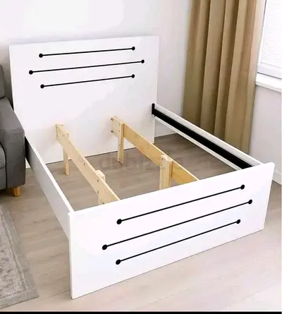 White Double Bed Frame with Decorative Black Stripe Accents