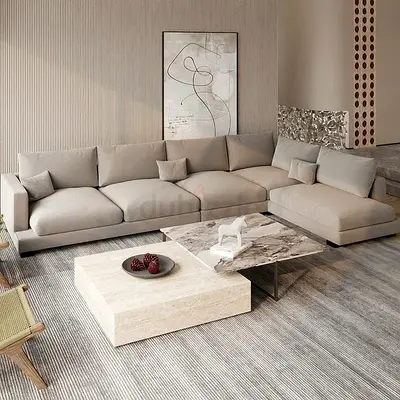 Light beige soft fabric L shaped sectional sofa