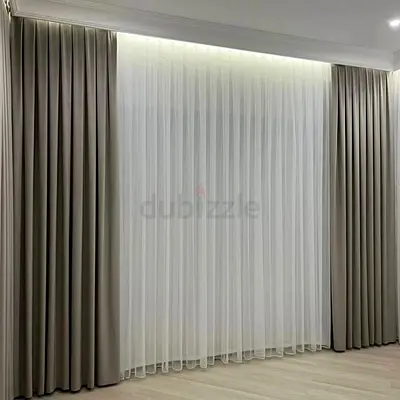 Floor-to-ceiling Neutral Grey Curtains with Sheer Voile Panel - Ready to Install