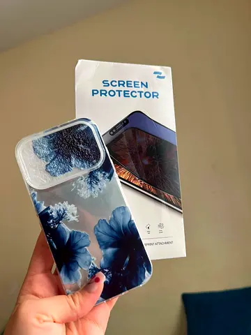 Phone case with tempered glass screen protector - blue floral design