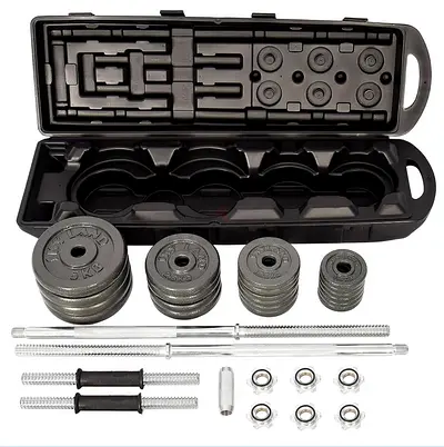 Compact adjustable dumbbell set with case (40.5 total approximate exc. weight of bar and clips)