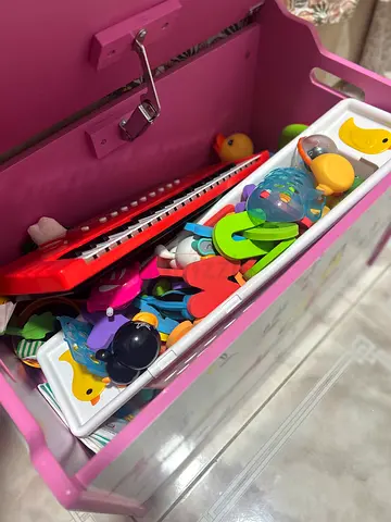 Pink Toy Chest with Assorted Preschool Toys and Musical Keyboard