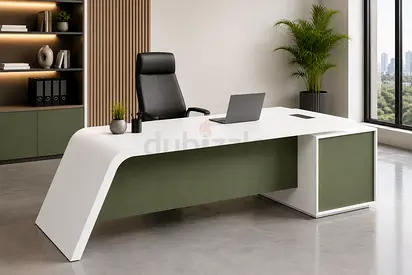 White Contemporary Executive L-Shaped Desk with Fixed Side Table | Office Desk UAE