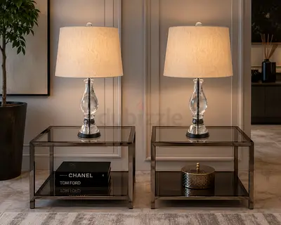 Pair of Glass Side Tables with Table Lamps - Modern Living Room Set from Pottery Barn