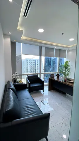 Small office seating set — black leather sofa and armchair with desk (good condition)