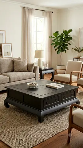 Solid Wood Square Coffee Table with Drawers and side table - Dark Finish