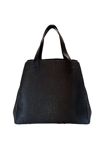 Black Woven Tote Bag with Genuiene Leather Handles - Oversized Bag