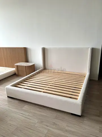 Beige Upholstered Double Bed Frame with Headboard