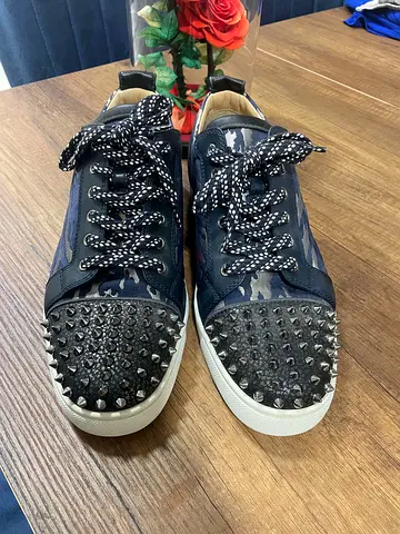 Christian Louboutin Black/Blue Leather and Lurex Fabric Louis Junior Spikes Low Top Sneakers