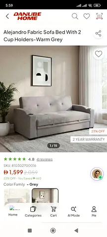 Grey fabric 2-seater sofa bed with cup holders (Alejandro) - good condition