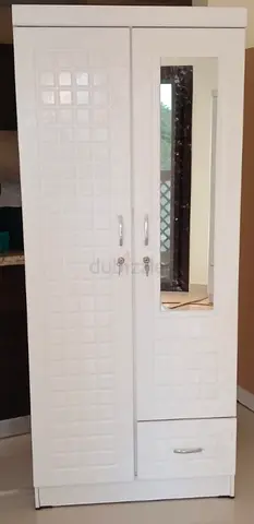 White 2-Door Wardrobe with Mirror and Bottom Drawer - Good Condition