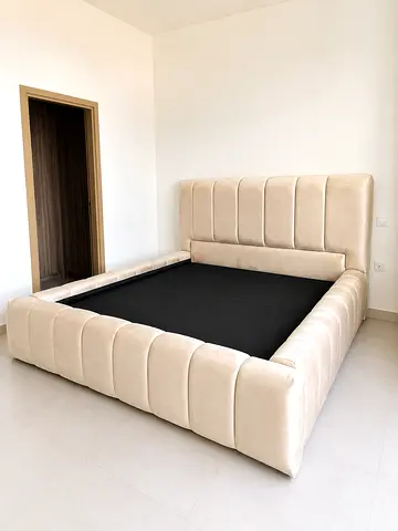 Brand New Beige Upholstered queen Bed with Padded Headboard
