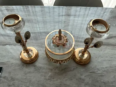 Brass and Glass Decorative Candle Holders with Covered Trinket Dish - Set of 3