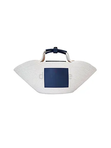 White woven handbag with navy genuiene leather pocket and top handles