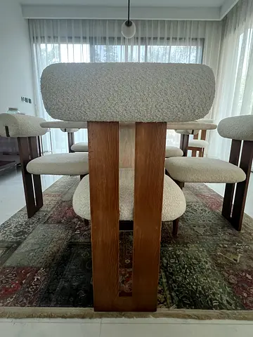 Set of 6 mid-century style dining chairs with boucle upholstery and wooden legs