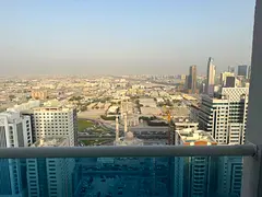 3BR apartment in Al Taawun with master bedroom, nanny room, 3 bathrooms, closed kitchen, balcony, pa