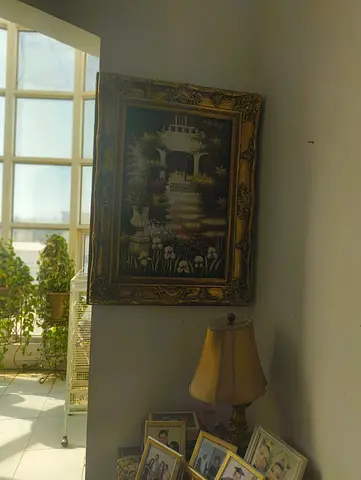 Framed Vintage Garden Path Oil Painting with Ornate Gold Frame