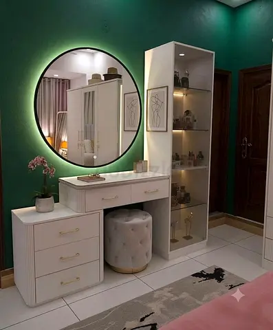 White Vanity Dressing Table with LED Mirror and Display Shelves