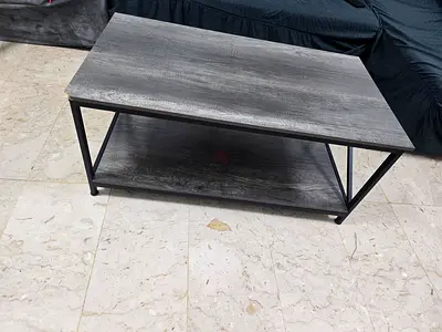 Compact grey wooden side table with metal frame - good condition