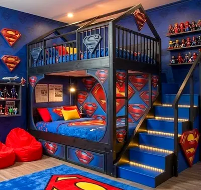 Superman-themed Bunk Bed with Stairs and Storage - Kids Bedroom Set