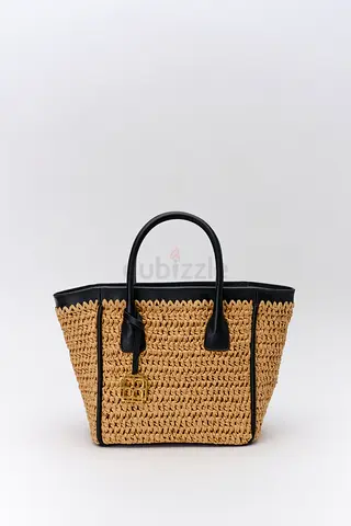 Handmade Woven Raffia Tote Bag with Black Leather Trim and Strap