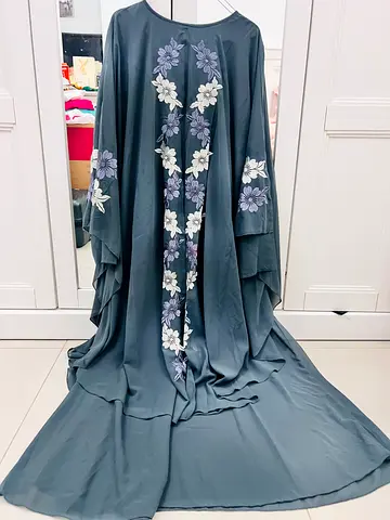 Gray Embroidered Abaya / Kaftan with Floral Detail - matching shela size 56