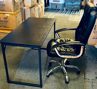 Black Office Desk with Ergonomic Leather Swivel Chair - Used