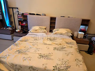 King size bed frame with integrated headboard shelves and side tables + seperate dresser