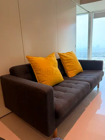 IKEA 3-seater grey fabric sofa with yellow cushions - good condition