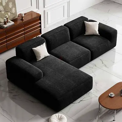 Modern Modular 3-Seater Black Fabric Sofa with Chaise