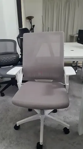 Ergonomic grey mesh office chair with adjustable armrests