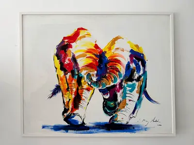 Framed handmade painting of elephants for sale!