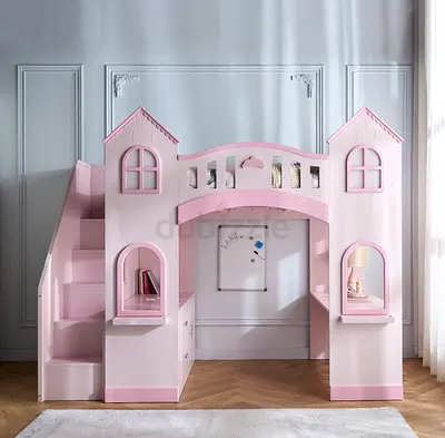 Pink Castle Loft Bed with Stairs and Built-in Storage - Kids