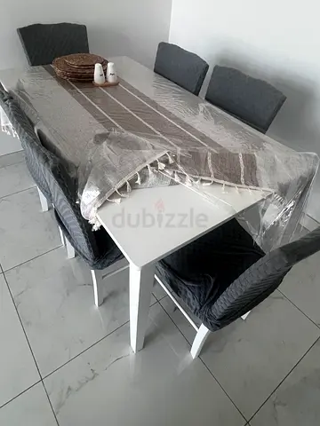 Home Box Dining table with 6 grey upholstered chairs - good condition