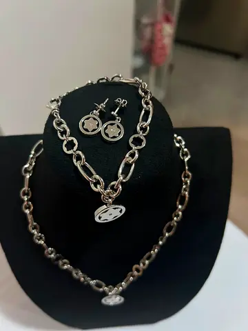 Sterling Silver chain necklace with diamonds, bracelet and matching star pendant earrings set