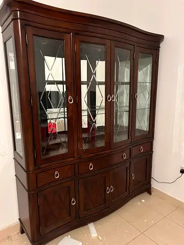 Wooden Showcase Cabinet with Glass Shelves and Doors