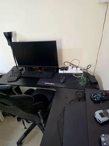 Gaming desktop setup with desk, monitor, keyboard, mouse, rgb speakers and chair - PC not included