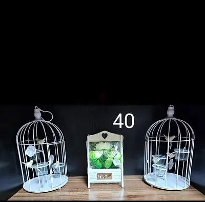 Set of 2 White Decorative Birdcages with Floral Centerpiece