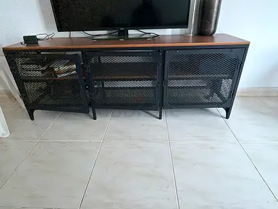 IKEA TV Console Cabinet with Metal Mesh Doors and Wooden Top