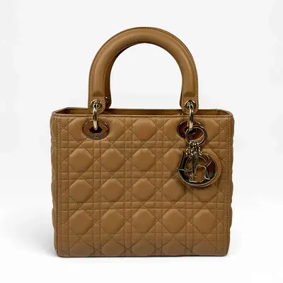 CHRISTIAN DIOR MEDIUM LADY DIOR BAG IN SAND WITH GOLD HARDWARE