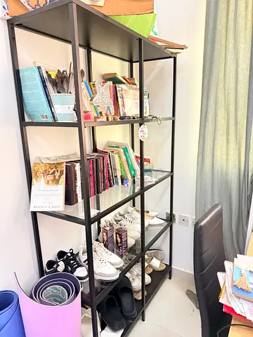 Black Metal Open Shelving Unit — 4-Tier Storage Rack (Good Used Condition)