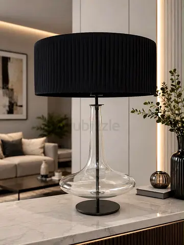 Pair of Modern Glass Table Lamp with Pleated Black Drum Shade by Penta Italy