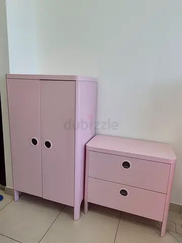 Pink baby dresser and matching bedside storage unit - good condition