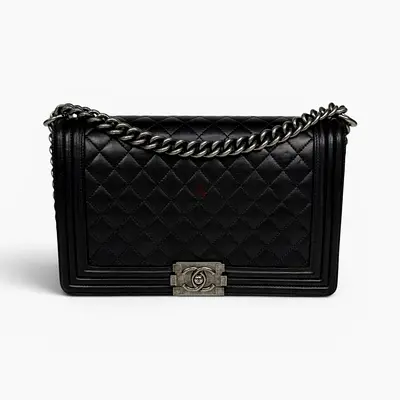 CHANEL BLACK LAMBSKIN LEATHER LARGE BOY BAG WITH RHW