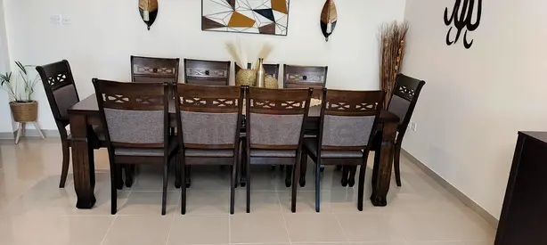 Solid Wood 10-Seater Dining Table Set with Chairs - Dark Brown