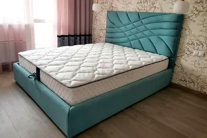 Upholstered double bed frame with mattress - teal, good condition