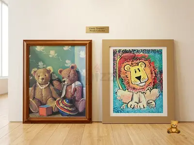 Pair of Framed Vintage-Style Teddy Bear and Lion Paintings