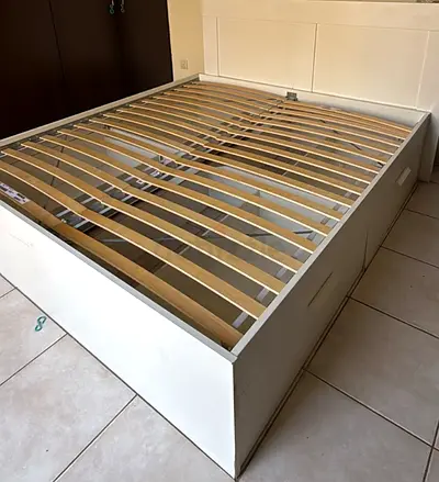 White Bed Frame with Underbed Storage Drawers and Slatted Base