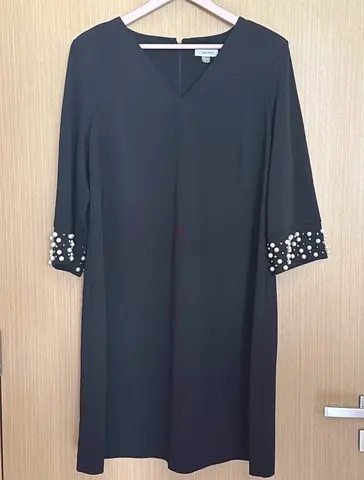 Black V-neck A-line Dress with Pearl-Embellished Sleeves - Size XL- Calvin Klein
