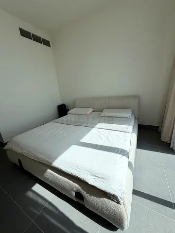King bed frame with mattress - light fabric, excellent condition